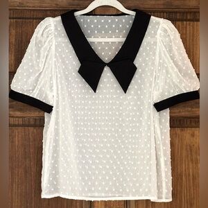 DAZY Blouse White & Black Tuxedo Style Textured Dots